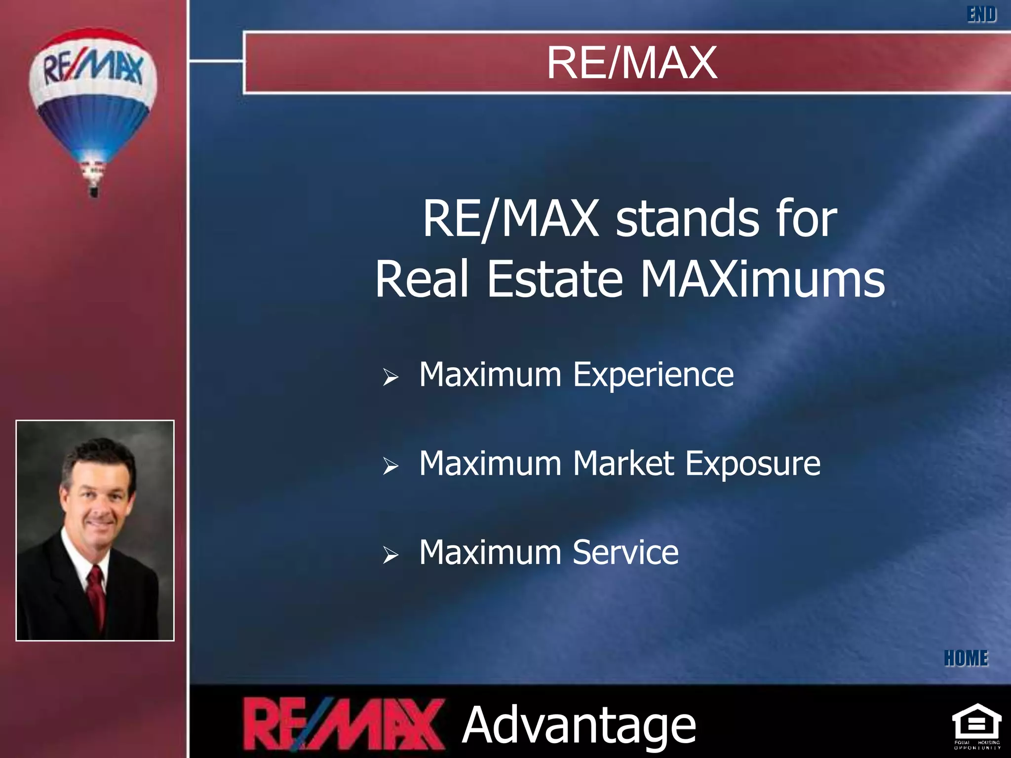 END

           RE/MAX


  RE/MAX stands for
Real Estate MAXimums
   Maximum Experience

   Maximum Market Exposure

   Maximum Service


                              HOME


      Advantage
 