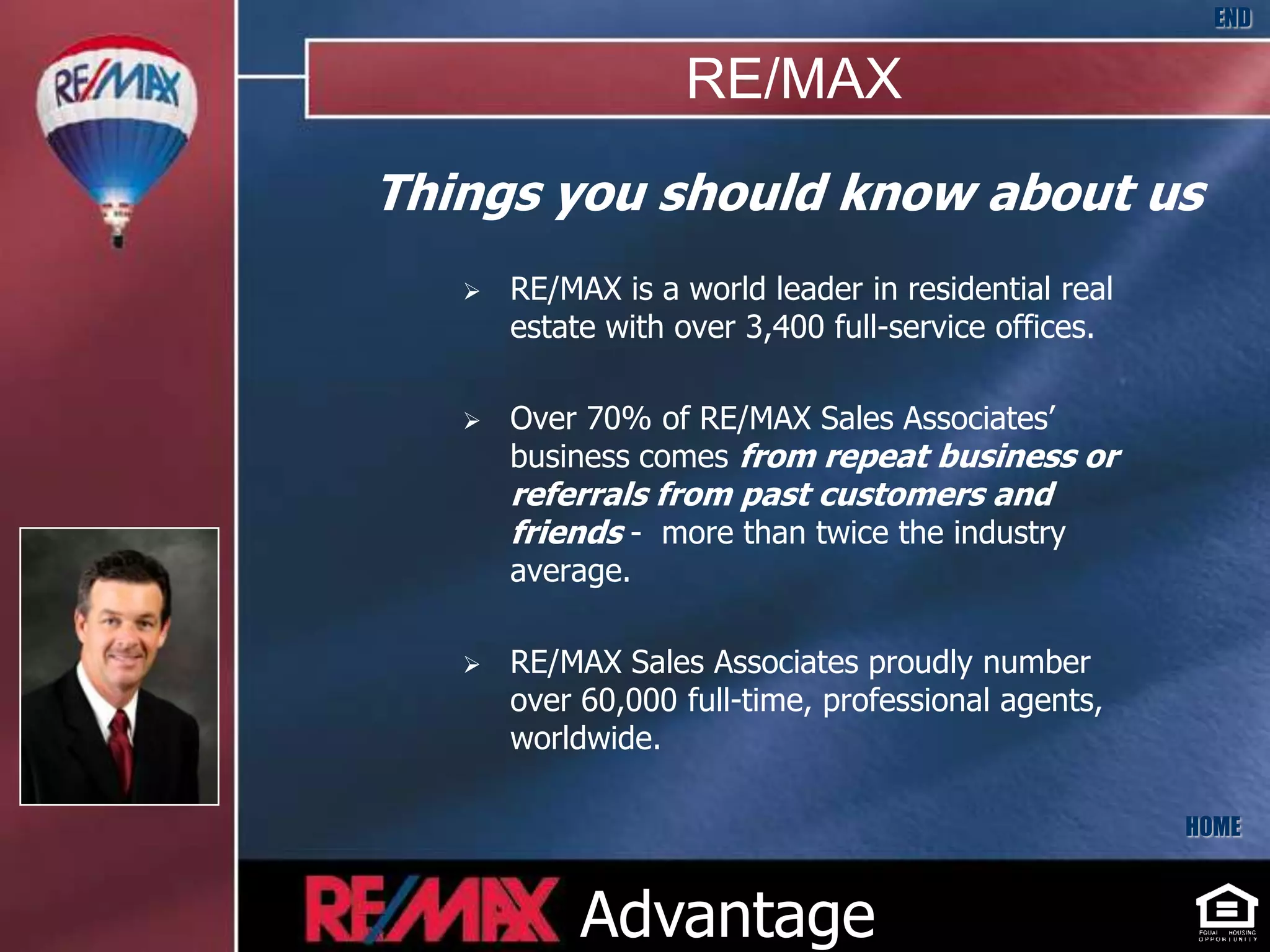 END

                   RE/MAX
Things you should know about us
      RE/MAX is a world leader in residential real
       estate with over 3,400 full-service offices.

      Over 70% of RE/MAX Sales Associates’
       business comes from repeat business or
       referrals from past customers and
       friends - more than twice the industry
       average.

      RE/MAX Sales Associates proudly number
       over 60,000 full-time, professional agents,
       worldwide.

                                                      HOME



            Advantage
 
