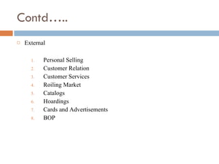 Contd….. External  Personal Selling Customer Relation Customer Services Roiling Market Catalogs Hoardings Cards and Advertisements BOP 