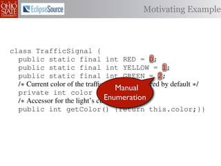 Motivating Example



class TrafficSignal {
  public static final int RED = 0;
  public static final int YELLOW = 1;
  public static final int GREEN = 2;
  /∗ Current color of the trafﬁc signal, initially red by default ∗/
                                    Manual
  private int color = RED;
                                Enumeration
  /∗ Accessor for the light’s current color ∗/
  public int getColor() {return this.color;}}

class Automobile         {
  private static         final    int   IDLE = 0;
  private static         final    int   INCREASE_SPEED = 1;
  private static         final    int   DECREASE_SPEED = 2;
  private static         final    int   STOP = 3;
 