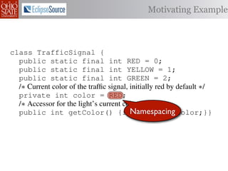 Motivating Example



class TrafficSignal {
  public static final int RED = 0;
  public static final int YELLOW = 1;
  public static final int GREEN = 2;
  /∗ Current color of the trafﬁc signal, initially red by default ∗/
  private int color = RED;
  /∗ Accessor for the light’s current color ∗/
                                         Namespacing
  public int getColor() {return this.color;}}

class Automobile         {
  private static         final    int   IDLE = 0;
  private static         final    int   INCREASE_SPEED = 1;
  private static         final    int   DECREASE_SPEED = 2;
  private static         final    int   STOP = 3;
 