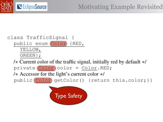 Motivating Example Revisited



class TrafficSignal {{
        TrafficSignal
class TrafficSignal {
  public enum Color {RED, RED = 0;
  public static final int
  public enum Color {RED,
     YELLOW,
  public static final int YELLOW = 1;
     YELLOW,
     GREEN};
  public static final int GREEN = 2;
     GREEN};
  /∗ Current color of the trafﬁc signal, initially red byby default ∗/
  /* Current color of the trafﬁc signal, initially red by default */
  /* Current color of the trafﬁc signal, initially red default */
  private Color color= =RED;
  private Color color = Color.RED;
  private int color                  Color.RED;
  /∗ Accessor for the light’s current color */∗/
  /* Accessor for the light’s current color */
  /* Accessor for the light’s current color
  public Color getColor(){return this.color;}}
  public Color getColor() {return this.color;}}
             int getColor() {return this.color;}}

class Automobile {
class Automobile {
class Automobile {
                Type Safety
  private enum Action {IDLE,IDLE = 0;
  private enum Action {IDLE,
  private static final int
    INCREASE_SPEED,
    INCREASE_SPEED,
  private static final int INCREASE_SPEED = 1;
    DECREASE_SPEED,
    DECREASE_SPEED,
  private static final int DECREASE_SPEED = 2;
    STOP};
    STOP}; static final int STOP = 3;
  private static final int MAX_SPEED = 140;
  private
 