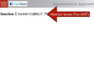 α        '%2"%,&)/ !)&-/ 1)!0#-
  αctxt    30"+$5+ "$ 40"+0 α 1%. Enumerization Approach
                                  #++(2
              !"#$%& '( !)%*+,"-* .)/+/").(
function E numer iz able(C )P) Abstract Syntax Tree (AST)
 .',/&4$'& Enumerize(F,
  1: >A W ← C /* seed the worklist with the input constants */
         R ← Enumerizable(F )
  2: QA N ← ∅ /* the non-enumerizable set ∩ Consistent(R) */
         R ← U nique(R) ∩ Distinct(R) list, initially empty
  3: GAfor all c T ∈ R 4,
         5,' *22 ∈ C do
           T ransf orm(T )
  4: RA MakeSet(c) /* init the union-ﬁnd data structure */
     ?A  5,'
  5: end for

  6: while W = ∅ do
        !"#$%& 0( 1)23,&4&, &.$*&%"5+/"). +,#)%"/6*(
  7:     /* remove an element from the worklist */
 2)9%+!#2"$37 e M)W
  8:     α ← e | ∈ %&*# %**(1) !0%! 4) %2) %,&) !# *!%!"+%
         W ← W  {α}
 "-)$!"9. %&& 2)9)2)$+)* !# +%$-"-%!) !)&-* %$- !2%$*"!"')&. -
  9:

 6)$-)$! 62#32%1 Contexts(α, P) do
 10:     for all αctxt ∈ )$!"!")*7 O0"* %**(16!"#$ +#(&- ,) "$'%
             ¬isEnumerizableContext (α, αctxt ) then
 -%!)-if!02#(30 !0) (*) #9 2)")+!"#$ %$- +(*!#1 +&%** &#%-)
 11:
 