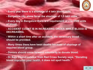 - Every year there is a shortage of 4 lakh blood units. - Bangalore city alone faces the shortage of 1.5 lakh units. - Every day in Bangalore there is a requirement of 2 to 2500 units of blood. - ACCIDENT COUNT IS IN INCREASING ORDER WHILE BLOOD IS DECREASING. - Within a short time after an accident, the necessary blood should be provided.  - Many times there have been deaths because of shortage of required blood group. - Donors should come forward voluntarily to donate blood. - Dr Raju Chandrashekar from Red Cross Society says, “Donating blood  improves your health , it does not spoil health.” 