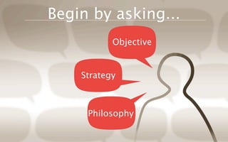 Begin by asking...
           Objective


    Strategy



     Philosophy
 