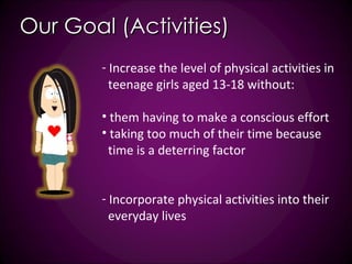 Our Goal (Activities) Increase the level of physical activities in teenage girls aged 13-18 without: them having to make a conscious effort taking too much of their time because time is a deterring factor Incorporate physical activities into their everyday lives 