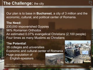 The Challenge: the city

 Our plan is to base in Bucharest, a city of 3 million and the
 economic, cultural, and political center of Romania.
 The Need:
 230,000 impoverished Gypsies
 96% Romanian Orthodox
 An estimated 0.07% evangelical Christians (2,100 people)
 Four times as many Muslims as Christians
 The Potential:
 35 colleges and universities
 Economic and cultural center of Romania
 Huge population of
   English-speakers
 Statistics from Open Society Institute's Survey into Religiosity in Romania
 