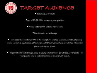 TARGET AUDIENCE
 Bothmaleandfemale
Age of15-24,Older teenagers;youngadults
 Peopleupforathrill andintohorrorfilms
 Film includessex anddrugs
 Fromresearch I foundover 40%ofthe younghavesmokedcannabisand86%ofyoung
peoplesupportits legalisation.20% ofmen and15%ofwomanhavealreadyhad10ormore
partnersofmy agegroup.
 Thegenre horrorsuits theagegroupas youngadultsareintogore, blood,violenceetc.The
youngadultslove towatchtheirfilms in cinema with friends.
TARGET AUDIENCE
 