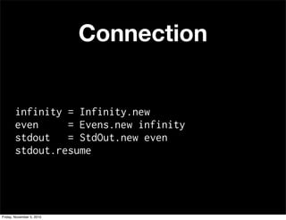 Connection
infinity = Infinity.new
even = Evens.new infinity
stdout = StdOut.new even
stdout.resume
Friday, November 5, 2010
 