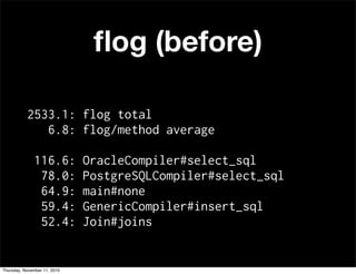 ﬂog (before)
2533.1: flog total
6.8: flog/method average
116.6: OracleCompiler#select_sql
78.0: PostgreSQLCompiler#select_...