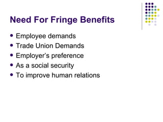 Need For Fringe Benefits Employee demands Trade Union Demands Employer’s preference As a social security To improve human relations 