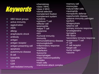 Keywords ABO blood groups active immunity agglutination AIDS allergy anaphylactic shock antibody antigen antigen receptor antigen-presenting cell apoptosis autoimmune disease B cell basophils CD4 CD8 cell-mediated immunity chemokines class I MHC class II MHC clonal selection complement fixation complement system cytokine cytotoxic T cell effector cell eosinophils helper T cell histamine HIV humoral immunity immunity immunodeficiency disease immunoglobulin inflammatory response interferon interleukin lysozyme macrophages major histocompatibility complex mast cells membrane attack complex memory cell monocytes natural killer cells neutrophils nonspecific defense opportunistic disease passive immunity pathogen perforin phagocytosis plasma cell primary immune response prostaglandins pyrogens Rh factor secondary immune response suppressor T cell T cell T cell receptor target cell tumor antigen vaccine 