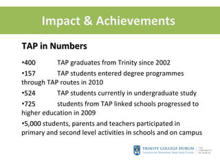 Impact & Achievements  TAP in Numbers 400 TAP graduates from Trinity since 2002 157 TAP students entered degree programmes through TAP routes in 2010 524 TAP students currently in undergraduate study 725 students from TAP linked schools progressed to higher education in 2009 5,000  students, parents and teachers participated in primary and second level activities in schools and on campus 