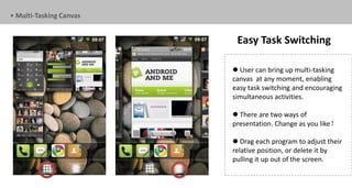 • Multi-Tasking Canvas


                          Easy Task Switching

                          User can bring up multi-tasking
                         canvas at any moment, enabling
                         easy task switching and encouraging
                         simultaneous activities.

                          There are two ways of
                         presentation. Change as you like！

                          Drag each program to adjust their
                         relative position, or delete it by
                         pulling it up out of the screen.
 