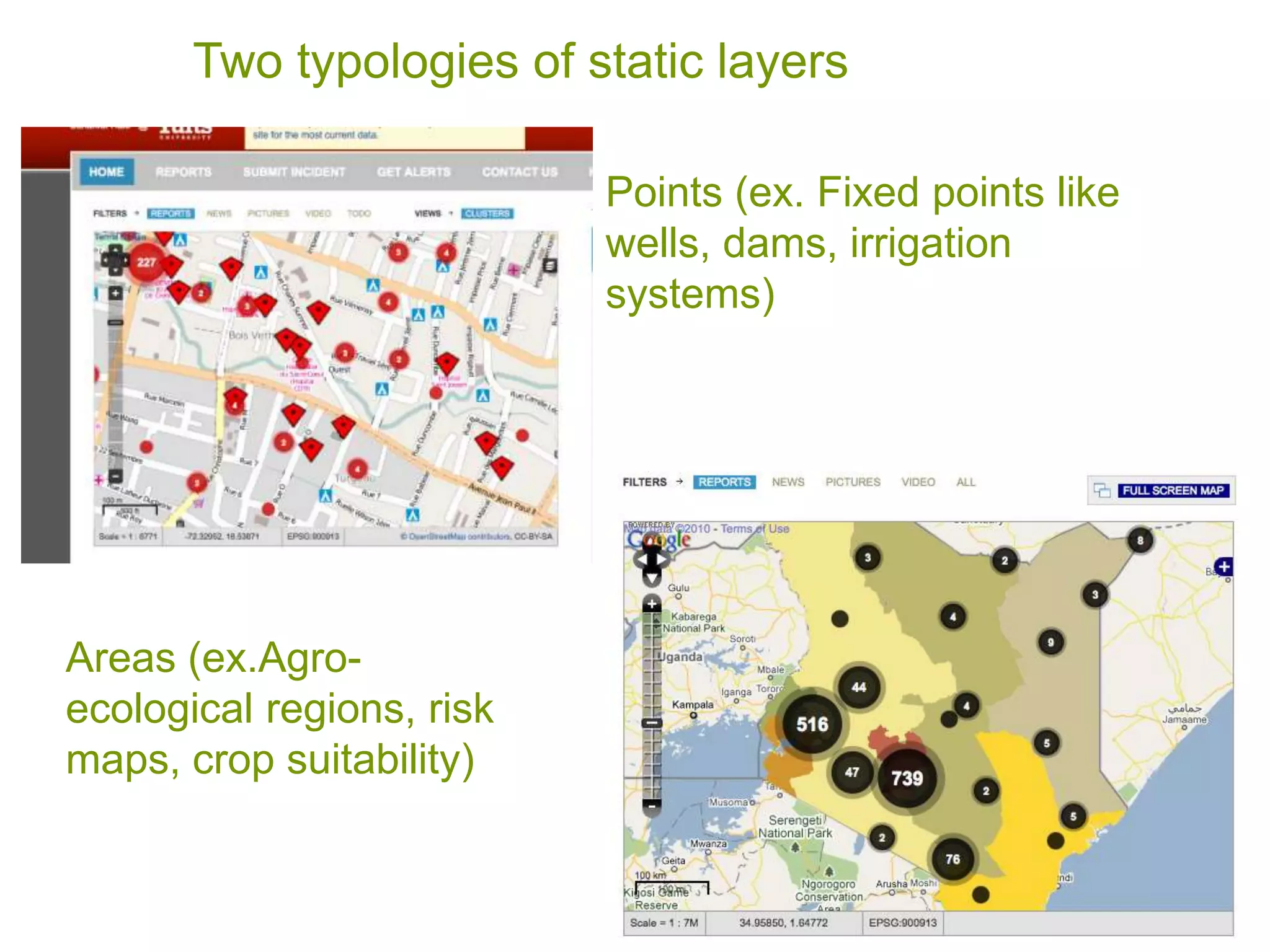 Two typologies of static layersPoints (ex. Fixed points like wells, dams, irrigation systems)Areas (ex.Agro-ecological regions, risk maps, crop suitability)