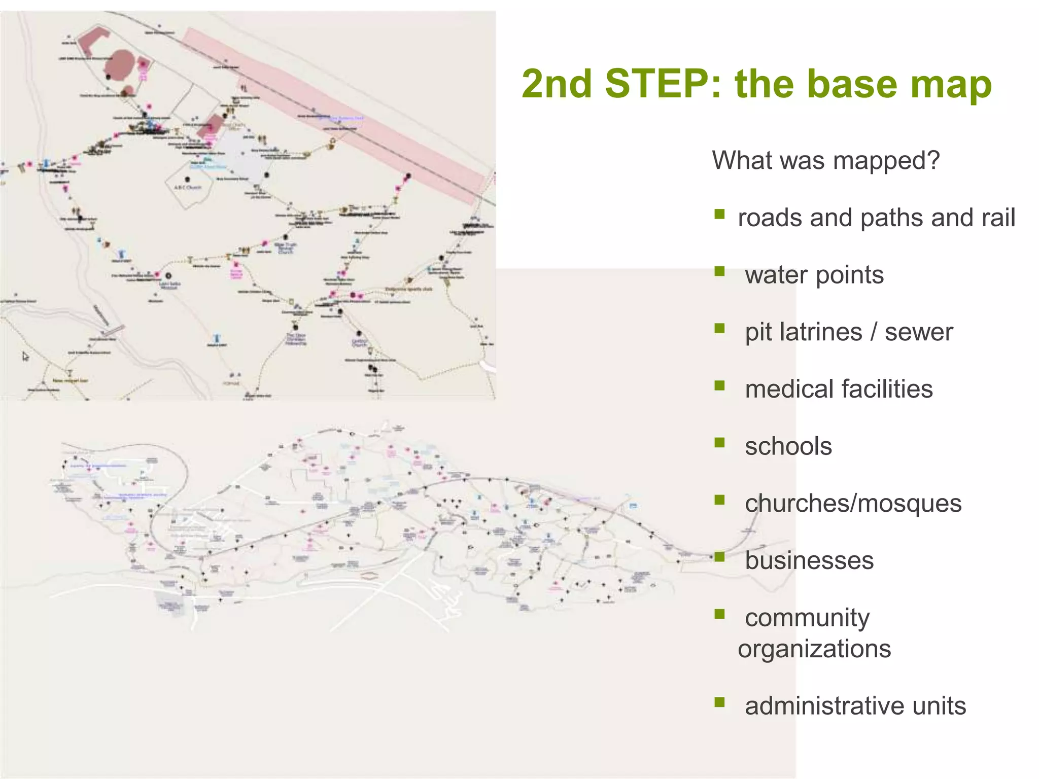 2nd STEP: the base mapWhat was mapped?roads and paths and rail water points pit latrines / sewer medical facilities schools churches/mosques businesses community organizations administrative units