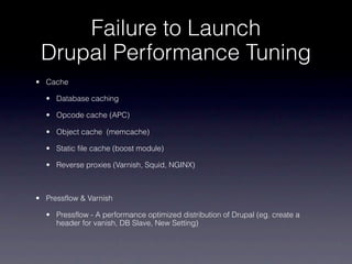 Failure to Launch
 Drupal Performance Tuning
• Cache

  • Database caching

  • Opcode cache (APC)

  • Object cache (memcache)

  • Static file cache (boost module)

  • Reverse proxies (Varnish, Squid, NGINX)



• Pressflow & Varnish

  • Pressflow - A performance optimized distribution of Drupal (eg. create a
    header for vanish, DB Slave, New Setting)
 