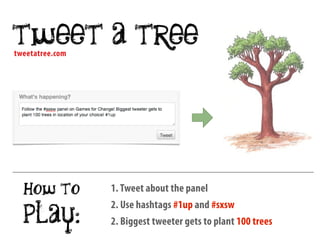 tweet a tree
tweetatree.com




  how to         1. Tweet about the panel
                 2. Use hashtags #1up and #sxsw
...