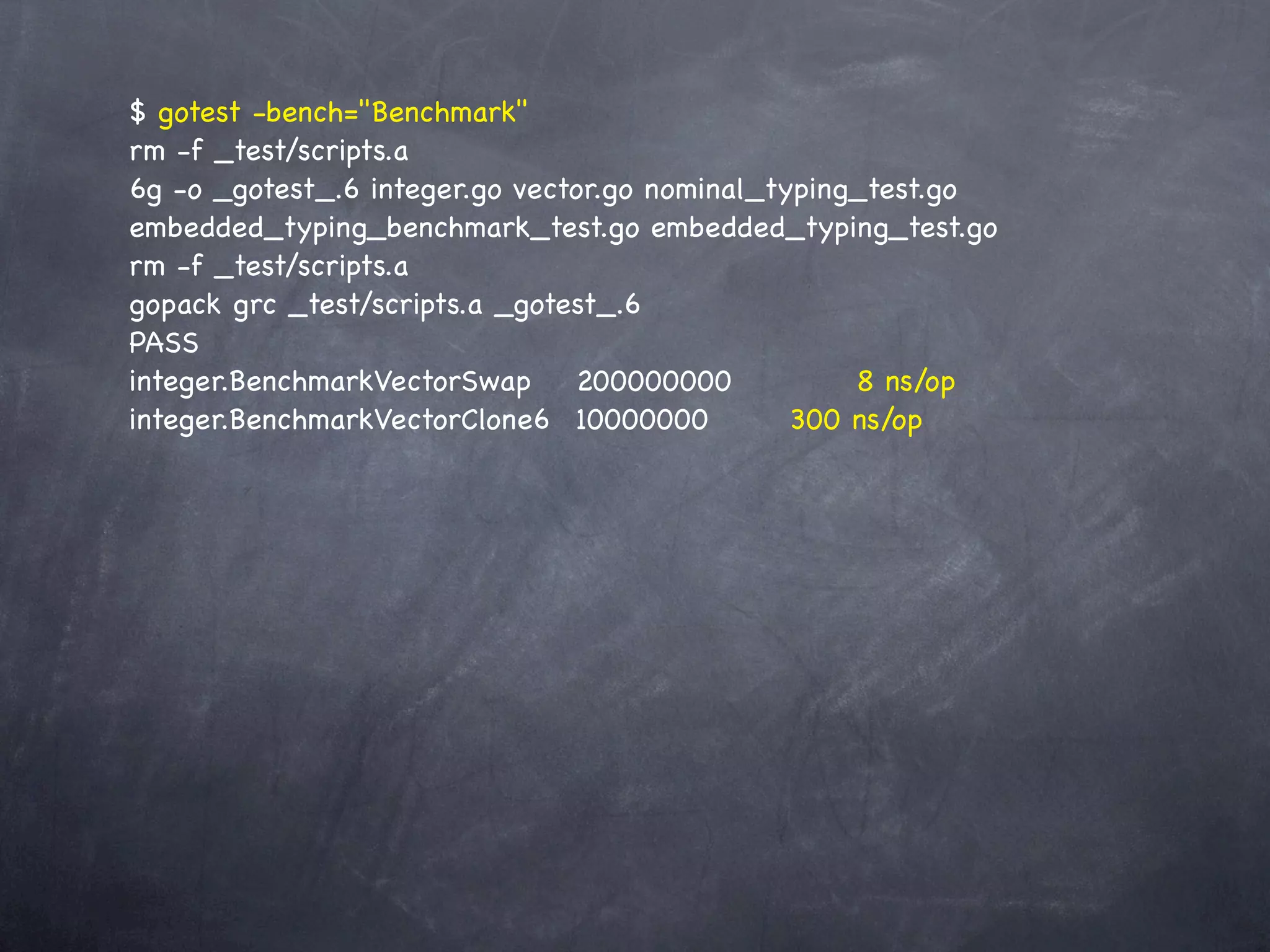 $ gotest -bench="Benchmark"
rm -f _test/scripts.a
6g -o _gotest_.6 integer.go vector.go nominal_typing_test.go
embedded_typing_benchmark_test.go embedded_typing_test.go
rm -f _test/scripts.a
gopack grc _test/scripts.a _gotest_.6
PASS
integer.BenchmarkVectorSwap! 200000000!             8 ns/op
integer.BenchmarkVectorClone6! 10000000!        300 ns/op
 