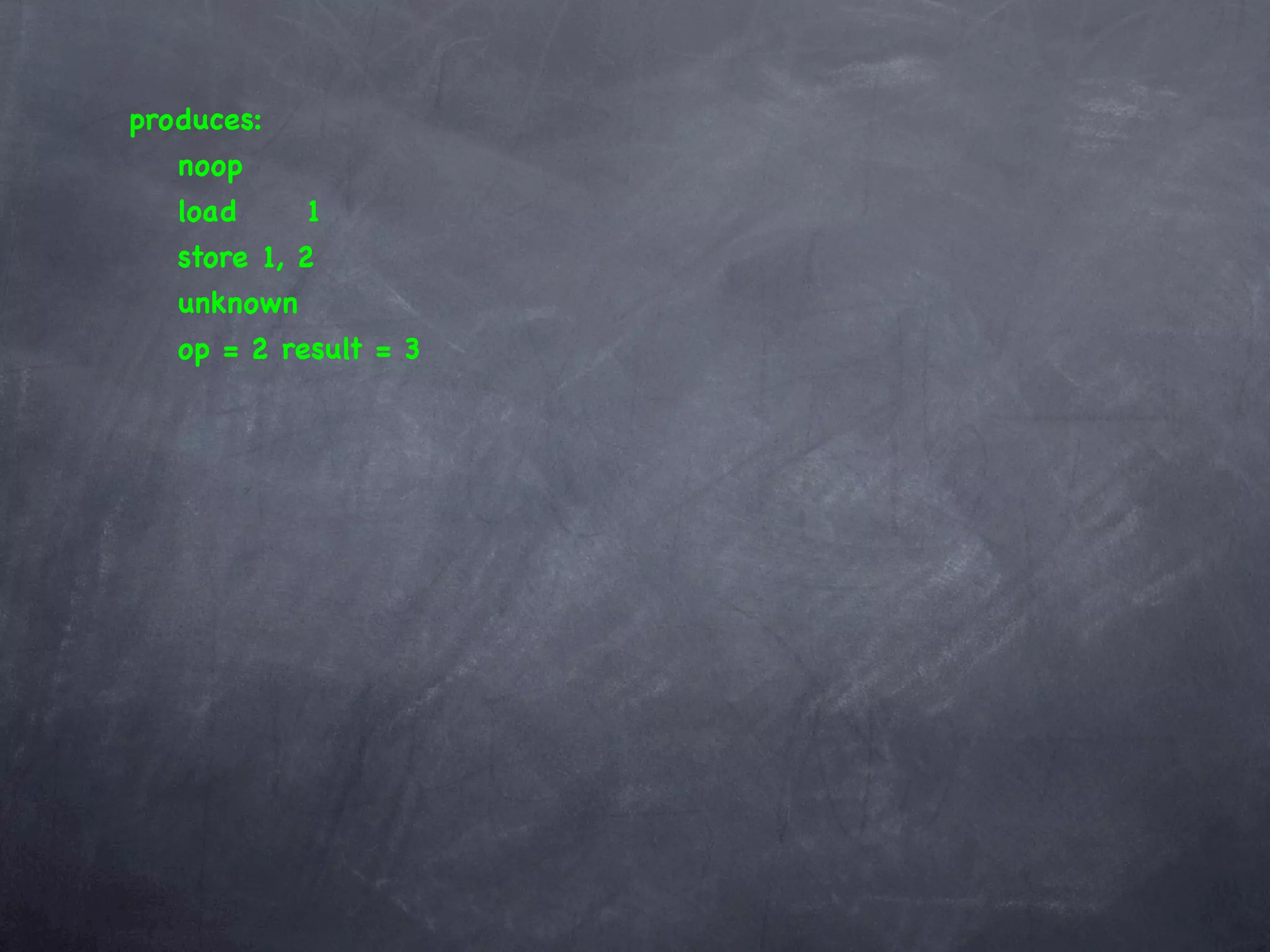 produces:
   noop
   load! !   1
   store!1, 2
   unknown
   op = 2 result = 3
 