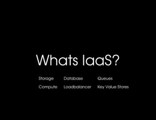 Whats IaaS?
Storage   Database       Queues

Compute   Loadbalancer   Key Value Stores
 