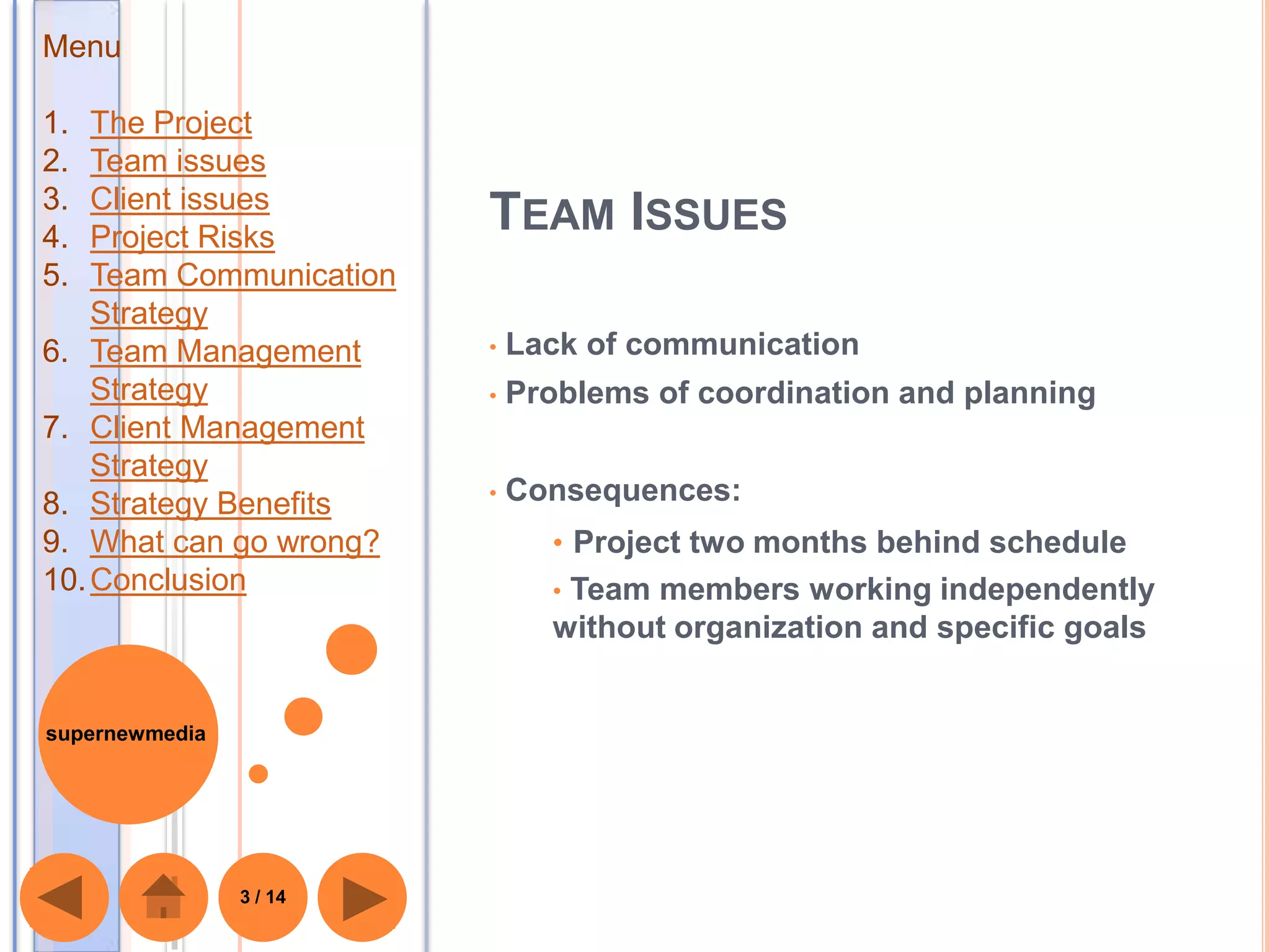 Menu

1.  The Project
2.  Team issues
3.  Client issues
4.  Project Risks
                         TEAM ISSUES
5.  Team Communication
    Strategy
6. Team Management       •   Lack of communication
    Strategy             •   Problems of coordination and planning
7. Client Management
    Strategy
8. Strategy Benefits     •   Consequences:
9. What can go wrong?          • Project two months behind schedule
10. Conclusion                 •Team members working independently
                               without organization and specific goals


supernewmedia




                3 / 14
 