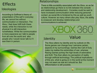 There is little sociability associated with the Xbox, so as far as relationships go there is no link between the console and relationship development.. Consoles could be said to have increased communication while reducing personal contact ,as social life is hindered by this as well as youth culture. However as many others also play Xbox, the ability to crossover and develop relationships and communicationsis achieved.According to Goffman’s theory of presentation of the self in everyday life, we cannot live without communication or interaction. The Xbox, I feel does fulfil both these needs, while the interaction is not physical it is still interaction nonetheless. While the communication is more expansive as I talk to people from all over the world and  also people who I would never talk to if I saw them in person.The Xbox alters my identity and my outlook on life. Some games can change how I perceive certain aspects of my surroundings. Games like Call of Duty make me realise the extremities of war, whereas Racing Games portray the high levels of adrenaline and thrill. This then alters my perception of reality through artificial technology. The political implications of this are, what is going on in the world at the moment may not seem as real as it should be. But differentiation is still possible.