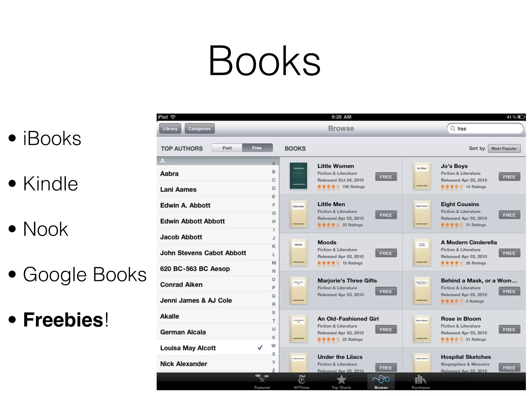 Books
• iBooks

• Kindle

• Nook

• Google Books

• Freebies!
 