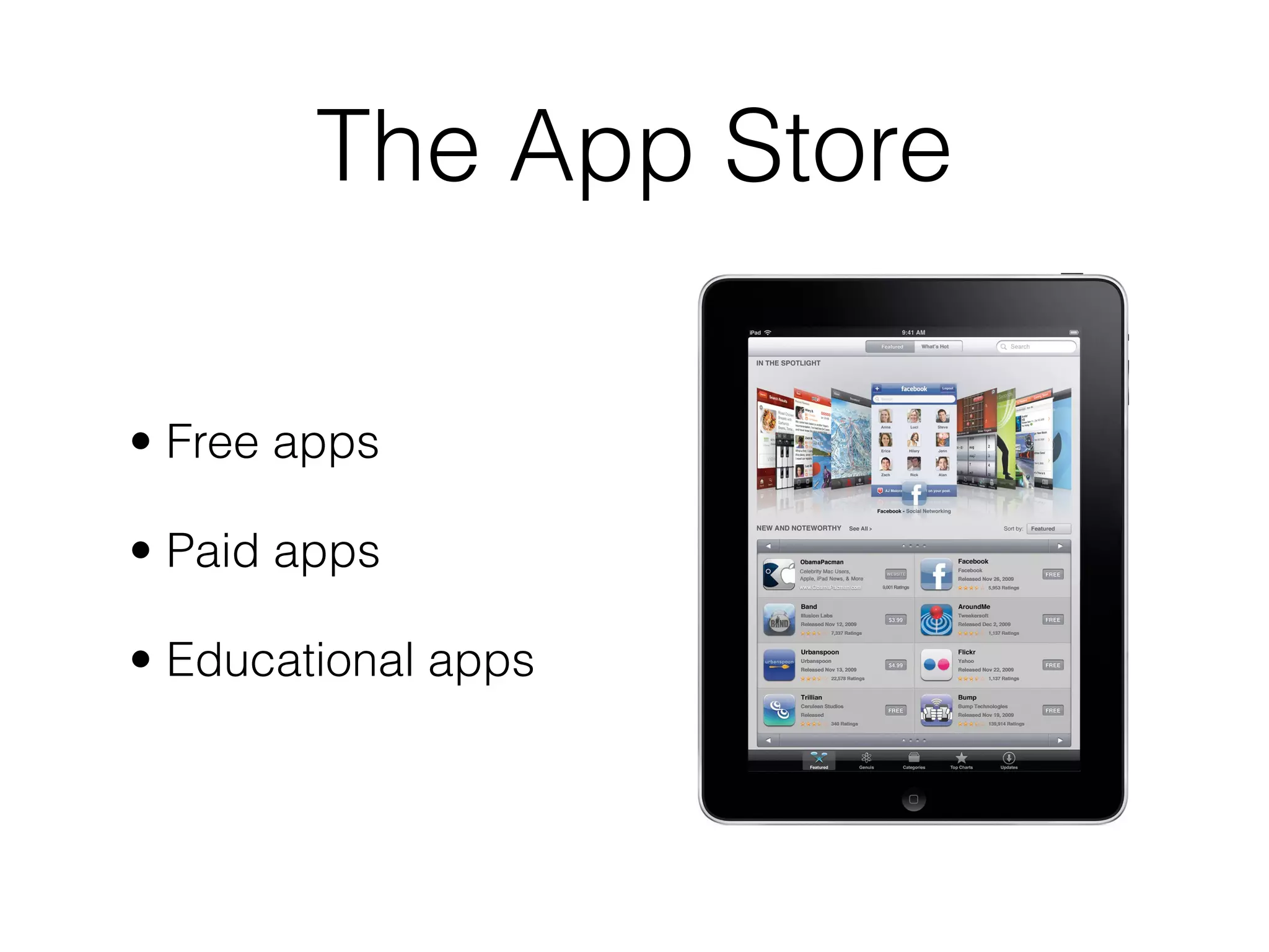 The App Store

• Free apps

• Paid apps

• Educational apps
 