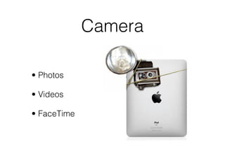 Camera

• Photos

• Videos

• FaceTime
 