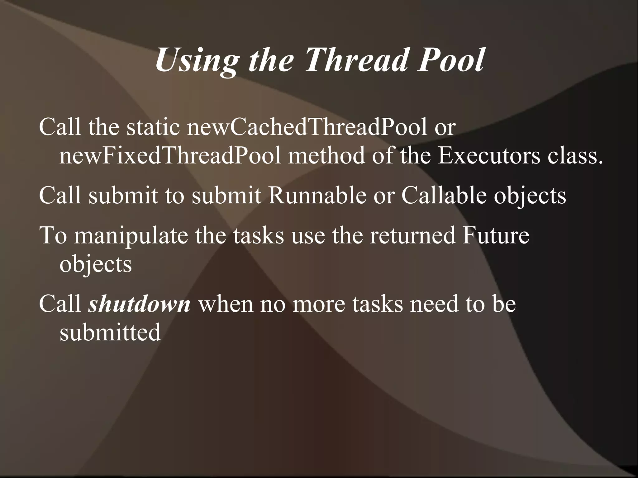 (ii) ArrayBlockingQueue(int capacity,boolean fair) fair - if true then queue accesses for threads blocked on insertion or removal, are processed in FIFO order; if false the access order is unspecified. (iii) LinkedBlockingQueue() 