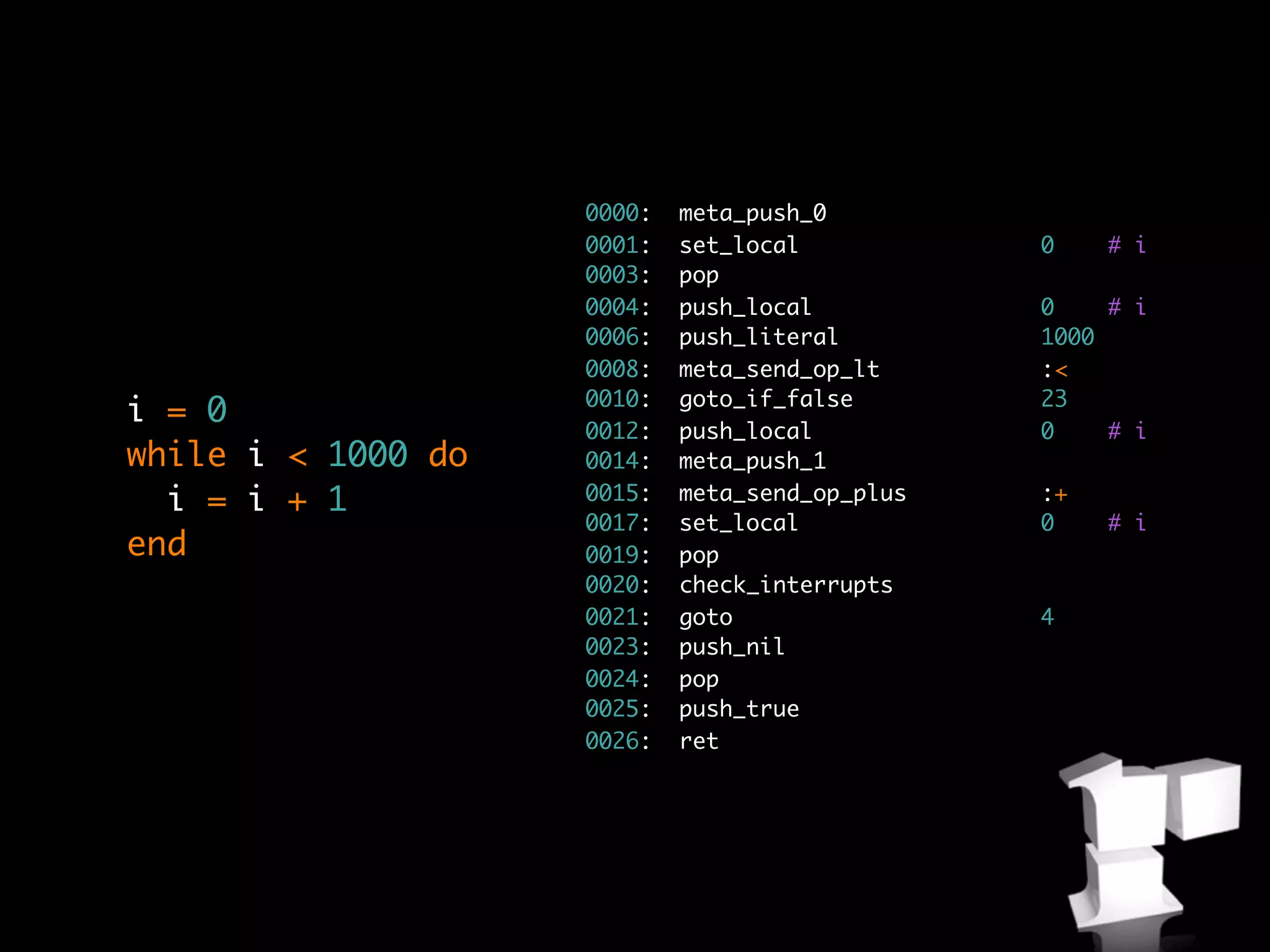 0000:   meta_push_0
                    0001:   set_local           0    # i
                    0003:   pop
                    0004:   push_local          0    # i
                    0006:   push_literal        1000
                    0008:   meta_send_op_lt     :<
                    0010:   goto_if_false       23
i = 0
                    0012:   push_local          0    # i
while i < 1000 do   0014:   meta_push_1
  i = i + 1         0015:   meta_send_op_plus   :+
                    0017:   set_local           0    # i
end                 0019:   pop
                    0020:   check_interrupts
                    0021:   goto                4
                    0023:   push_nil
                    0024:   pop
                    0025:   push_true
                    0026:   ret
 