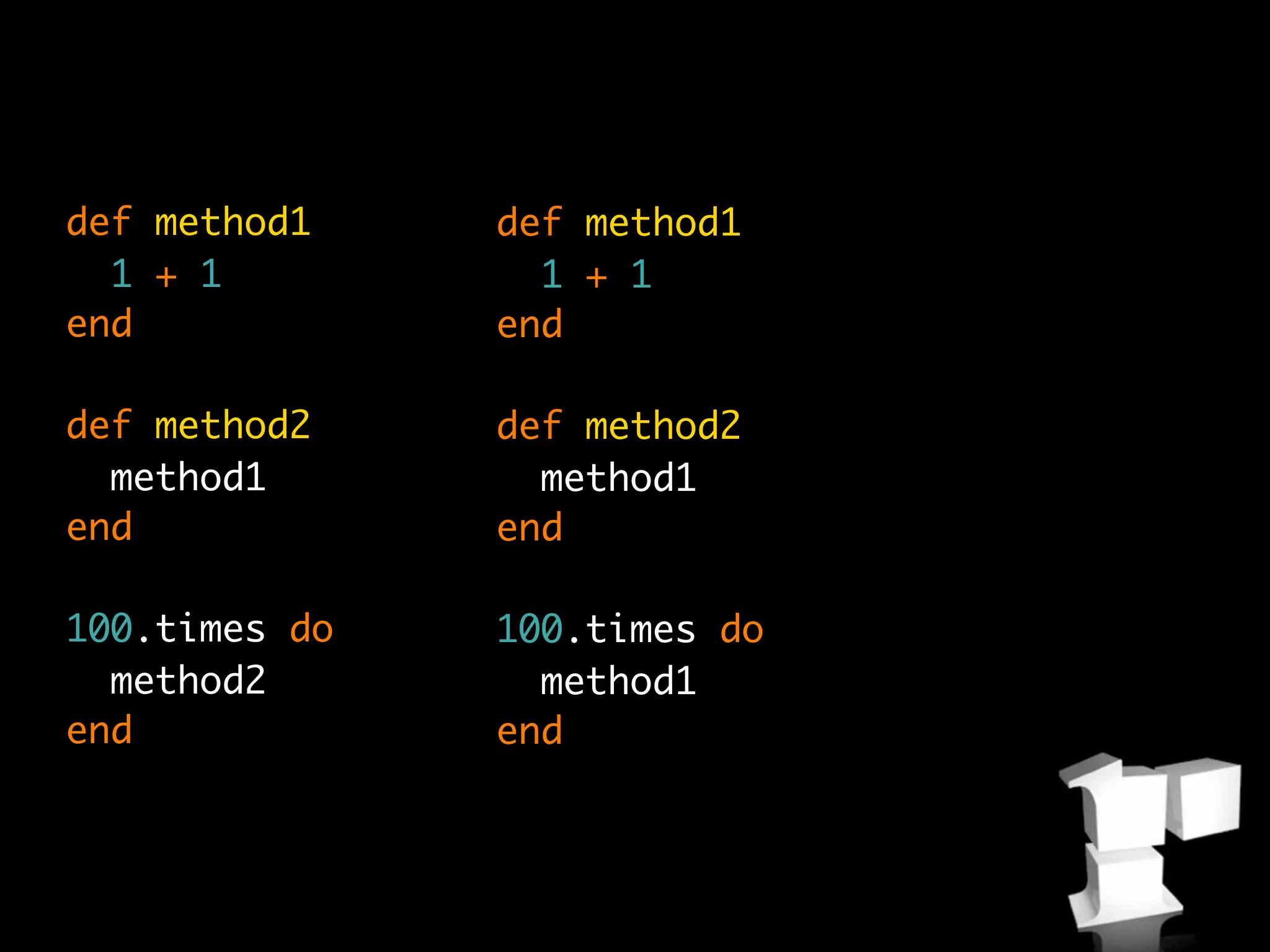 def method1    def method1
  1 + 1          1 + 1
end            end

def method2    def method2
  method1        method1
end            end

100.times do   100.times do
  method2        method1
end            end
 