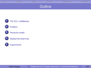 D IET                Problem         Model                Planning                Experiments                Conclusion


                                                 Outline


        1    The D IET middleware

        2    Problem

        3    Hierarchy model

        4    Deployment planning

        5    Experiments




            Frédéric Desprez        Multiple Services Throughput Optimization in a Hierarchical Middleware         3/20
 