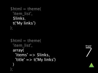 $html = theme(
  'item_list',
  $links,
  t(‘My links’)
);


$html = theme(
  'item_list',
  array(
    'items' => $links,
    'title' => t('My links')
  )
);
 