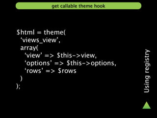 get callable theme hook




$html = theme(
  ‘views_view’,
  array(




                                     Using registry
    ‘view’ => $this->view,
    ‘options’ => $this->options,
    ‘rows’ => $rows
  )
);
 