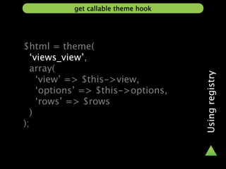 get callable theme hook




$html = theme(
  ‘views_view’,
  array(




                                     Using registry
    ‘view’ => $this->view,
    ‘options’ => $this->options,
    ‘rows’ => $rows
  )
);
 