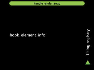 handle render array




                                 Using registry
hook_element_info
 