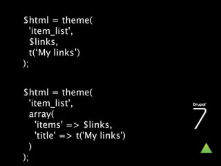 $html = theme(
  'item_list',
  $links,
  t(‘My links’)
);


$html = theme(
  'item_list',
  array(
    'items' => $links,
    'title' => t('My links')
  )
);
 