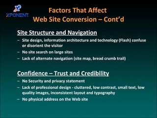 Factors That Affect  Web Site Conversion – Cont’d Site Structure and Navigation Site design, information architecture and technology (Flash) confuse or disorient the visitor No site search on large sites Lack of alternate navigation (site map, bread crumb trail) Confidence – Trust and Credibility No Security and privacy statement Lack of professional design - cluttered, low contrast, small text, low quality images, inconsistent layout and typography No physical address on the Web site 