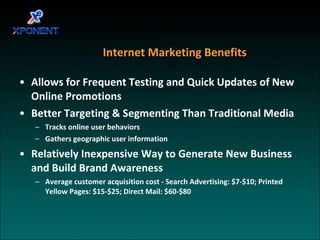 Internet Marketing Benefits Allows for Frequent Testing and Quick Updates of New Online Promotions Better Targeting & Segmenting Than Traditional Media Tracks online user behaviors Gathers geographic user information Relatively Inexpensive Way to Generate New Business and Build Brand Awareness Average customer acquisition cost - Search Advertising: $7-$10; Printed Yellow Pages: $15-$25; Direct Mail: $60-$80 