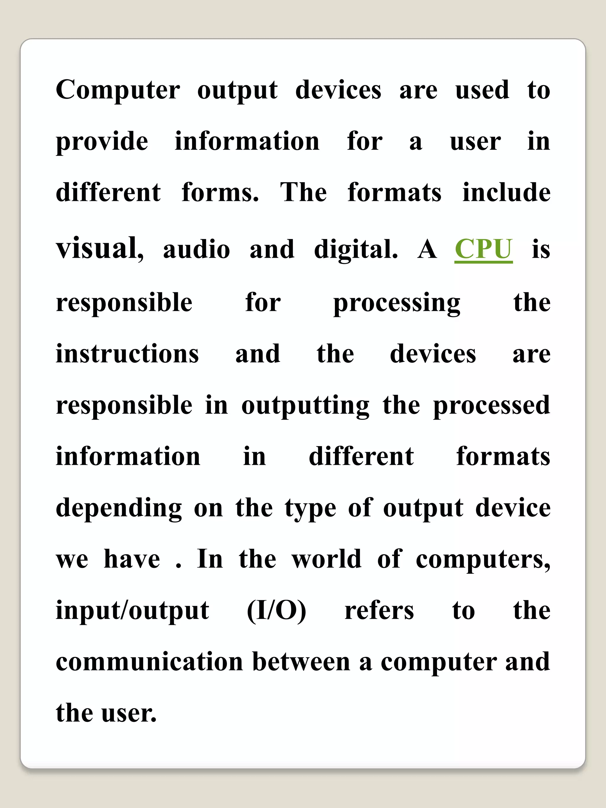 Output Devices | PPTX | Computer Peripherals | Computing