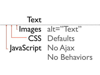 Text
   Images alt=”Text”
      CSS Defaults
JavaScript No Ajax
           No Behaviors
 