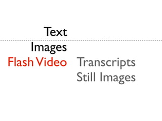 Text
     Images
Flash Video Transcripts
            Still Images
 