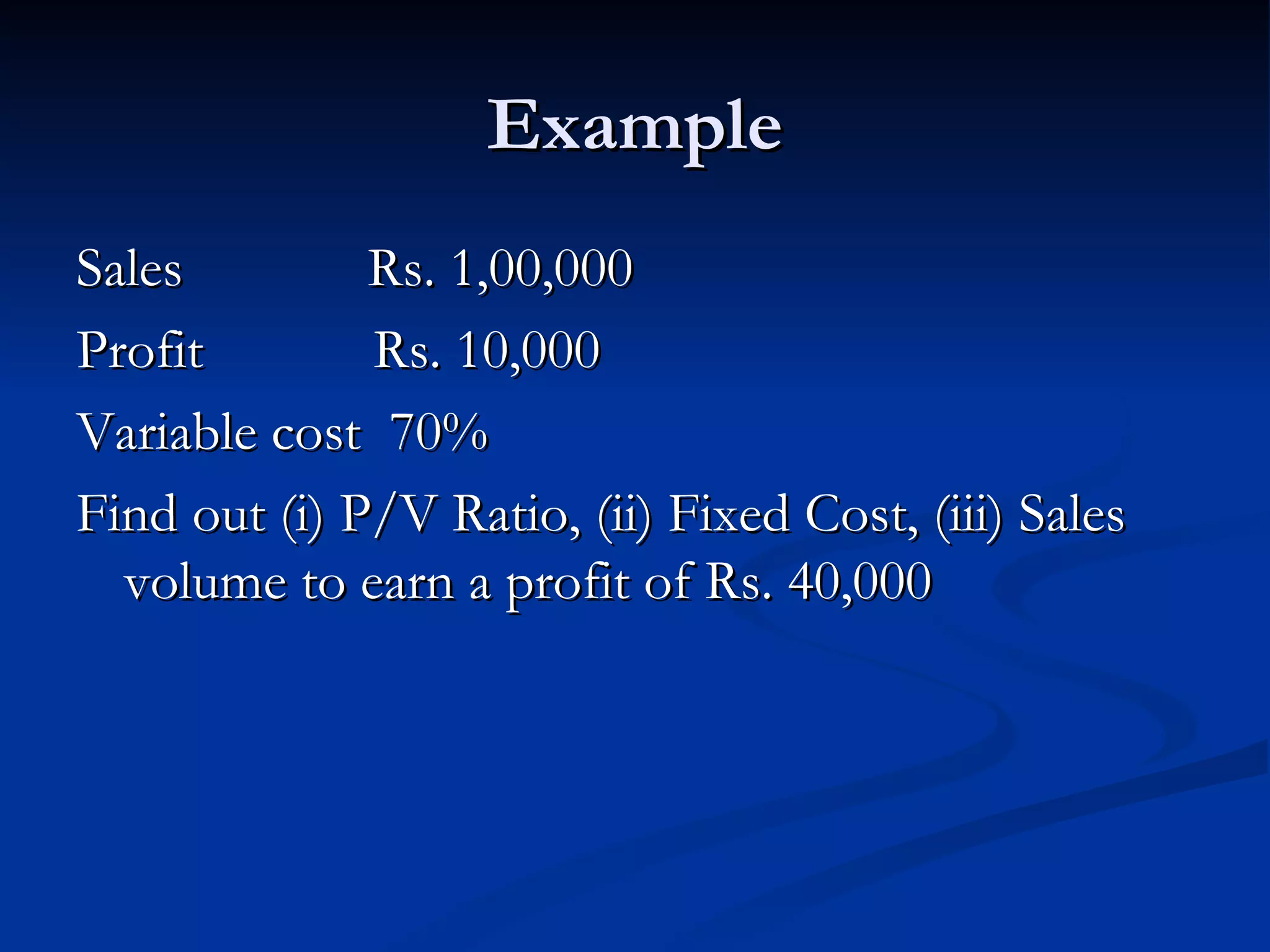 Example Sales  Rs. 1,00,000 Profit  Rs. 10,000 Variable cost  70% Find out (i) P/V Ratio, (ii) Fixed Cost, (iii) Sales volume to earn a profit of Rs. 40,000 