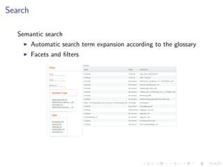 Search

   Semantic search
         Automatic search term expansion according to the glossary
         Facets and ﬁlters
 