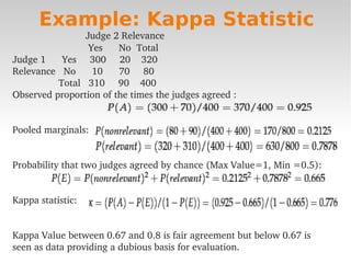 Example: Kappa Statistic
Judge2Relevance
YesNoTotal
Judge1Yes30020320
RelevanceNo107080
Total31090400
Observedproportionofthetimesthejudgesagreed:


Pooledmarginals:


Probabilitythattwojudgesagreedbychance(MaxValue=1,Min=0.5):


Kappastatistic:


KappaValuebetween0.67and0.8isfairagreementbutbelow0.67is
                                     
seenasdataprovidingadubiousbasisforevaluation.
 
