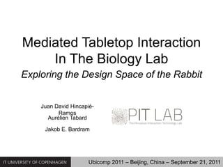 Mediated Tabletop InteractionIn The Biology Lab Exploring the Design Space of the Rabbit Juan David Hincapié-Ramos Aurélien Tabard Jakob E. Bardram Ubicomp 2011 – Beijing, China – September 21, 2011 