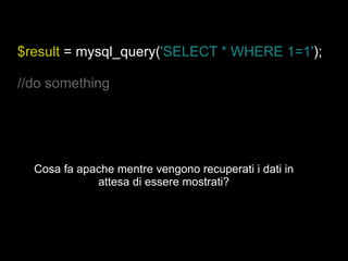 $result  = mysql_query( 'SELECT * WHERE 1=1' ); //do something Cosa fa apache mentre vengono recuperati i dati in attesa di essere mostrati? 
