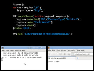 //server.js var  sys = require(  &quot;util&quot;  ), http = require(  &quot;http&quot;  ); http. createServer (  function ( request, response ) { response. writeHead (  200 , { &quot;Content-Type&quot; :  &quot;text/html&quot; } ); response. write (  &quot;Hello World!&quot;  ); response. close (); }). listen (  8080  ); sys. puts (  &quot;Server running at  http://localhost:8080 &quot;  ); 
